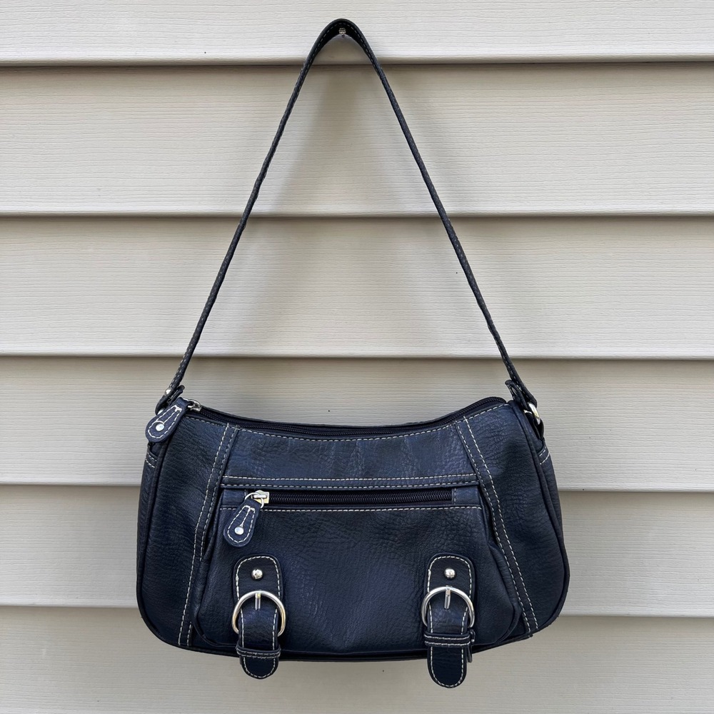 Vintage Y2K Black Utility Shoulder Bag - Contrast Stitch Buckle Purse